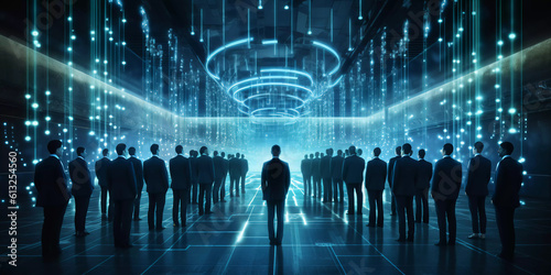 Digital graphics Futuristic 3D Concept  Big Data Center   Chief Technology Officers Standing In Warehouse  Information Digitalization Lines  technology and data  Generative AI.