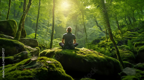 Person meditating in a lush, green forest.