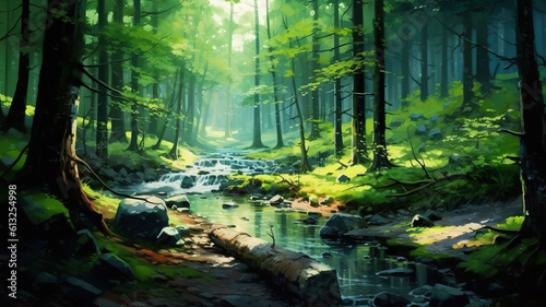 Beautiful rays of sunlight in a green forest. Generative ai