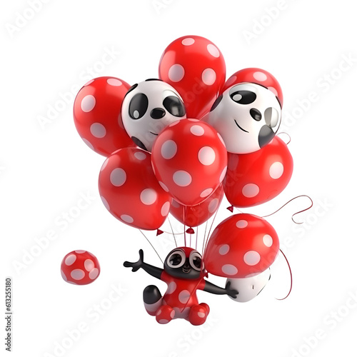 3d illustration of funny panda with red polka dot balloons