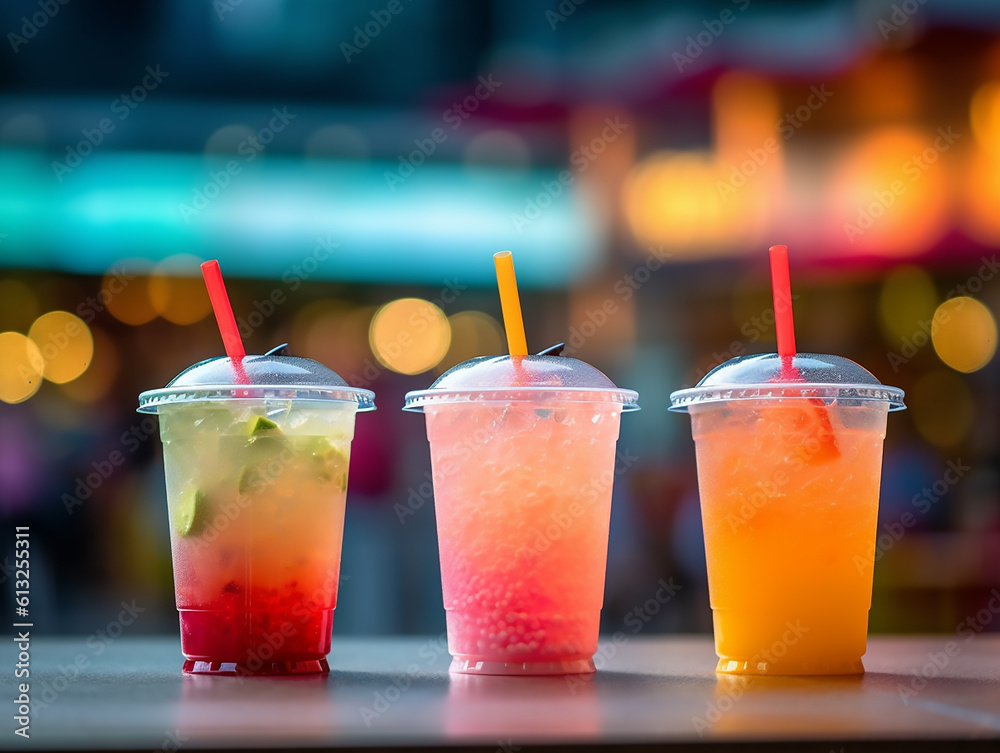 Create a photo of three juice drinks, watermelon juice, mango juice, and pineapple juice,Generative AI Create a photo of three juice drinks, watermelon juice, mango juice, and pineapple juice,Generative AI
