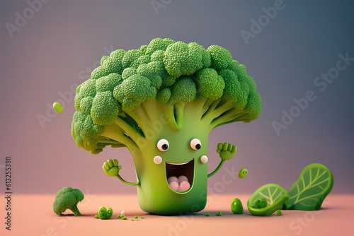 Cute green broccoli 3d cartoon character. Healthy broccoli vegetable with eyes and hands. Funny mascot on flat background, text space. Generative AI 3d render illustration imitation.