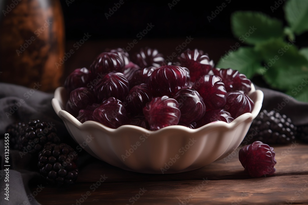 A close-up image of a bowl filled with blackberry-flavored candies. A close-up image of a bowl filled with blackberry-flavored candies.