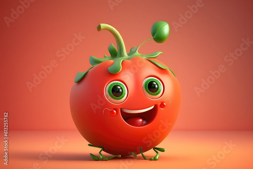 Cute red tomato 3d cartoon character. Ripe tomato vegetable with rosy cheeks. Funny mascot on flat background, copy space. Generative AI 3d render illustration imitation.