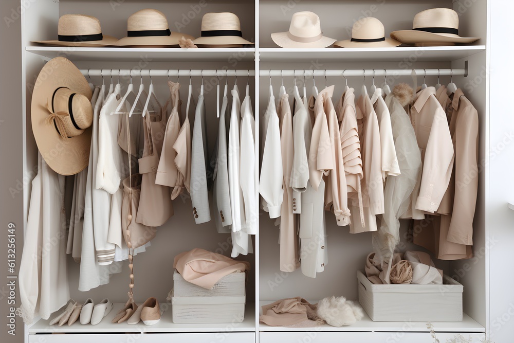 A contemporary wardrobe featuring fashionable spring attire and accessories.