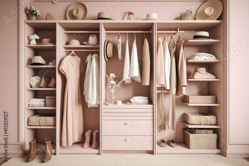A sleek, contemporary wardrobe filled with fashionable spring attire and accessories.