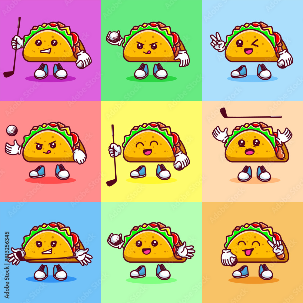 Fototapeta premium Vector illustration of kawaii taco cartoon character with stick golf and ball. Vector eps 10