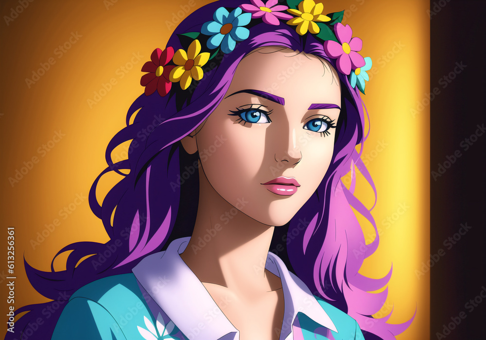 Portrait beautiful girl with flowers on her head. Woman with flower arrangement on head. Generative AI. Portrait beautiful girl with flowers on her head. Woman with flower arrangement on head. Generative AI.
