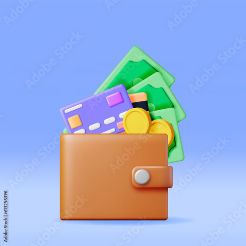 3D Money and Leather Wallet. Bank Card and Purse. Gold Coins and Dollar Bills. Render Money Bills. Growth, Income, Savings, Investment. Symbol of Wealth. Business Success. Vector illustration.