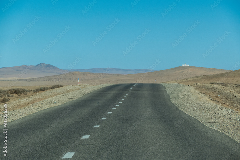 Highway road in Central Mongolia, the road trip from Ulaanbaatar to Kharkhorin city