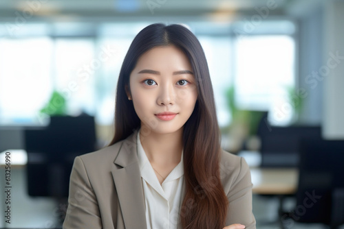 Asian woman in a video conference meeting, asian woman working, close up depiction, digital photo, portrait, looking at camera, natural light, affinity, bright background Generative AI