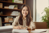 Asian woman organizing documents on a desk, asian woman working, close up depiction, digital photo, portrait, looking at camera, natural light, affinity, bright background Generative AI