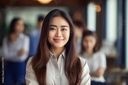 Asian woman in a team discussion, asian woman working, close up depiction, digital photo, portrait, looking at camera, natural light, affinity, bright background Generative AI