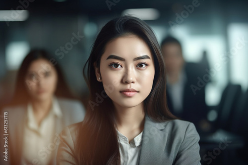 Asian woman in a team discussion, asian woman working, close up depiction, digital photo, portrait, looking at camera, natural light, affinity, bright background Generative AI