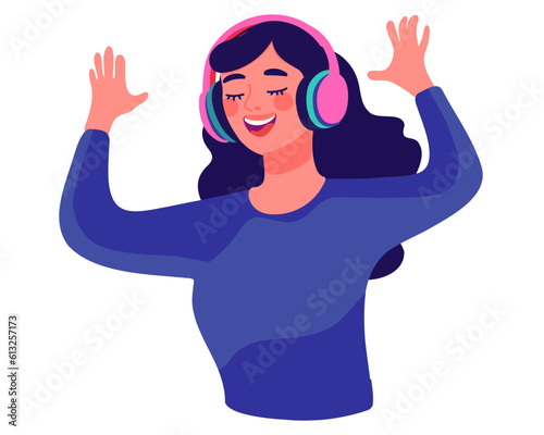 Woman relaxing and listening to music, audio podcast, radio or audiobook with headphones isolated on white background. Vector illustration