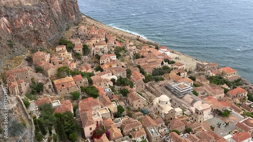 A view of the medieval city of Monemvasia on rocky slopes in Laconia, east coast of Peloponnese, Greece