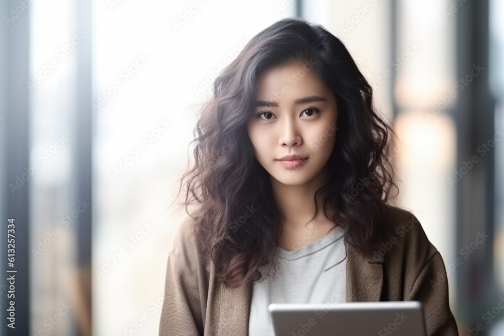 Portrait of a young Asian woman using a digital tablet, asian woman working, close up depiction, digital photo, portrait, looking at camera, natural light, affinity, bright backgro Generative AI