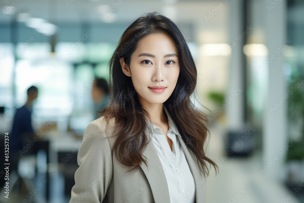 Portrait of a confident young Asian woman in the office, asian woman working, close up depiction, digital photo, portrait, looking at camera, natural light, affinity, bright backgr Generative AI Portrait of a confident young Asian woman in the office, asian woman working, close up depiction, digital photo, portrait, looking at camera, natural light, affinity, bright backgr Generative AI