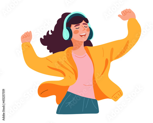 Woman relaxes and listens to music, audio podcast, radio or audiobook with headphones. Vector illustration