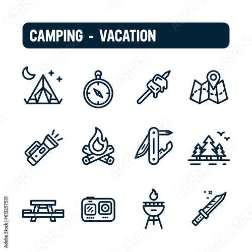 Camping icons. Camp vacation vector set. Linear icon design.