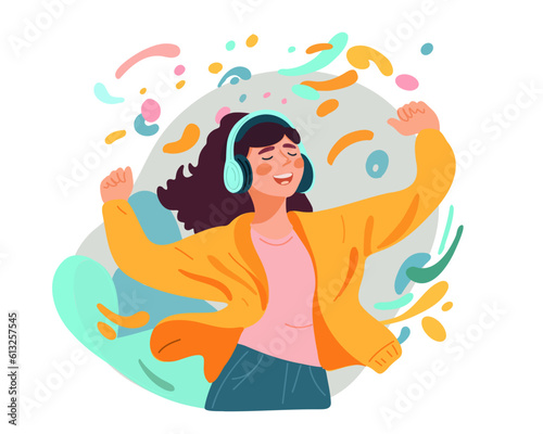 Woman relaxes and listens to music, audio podcast, radio or audiobook with headphones. Vector illustration