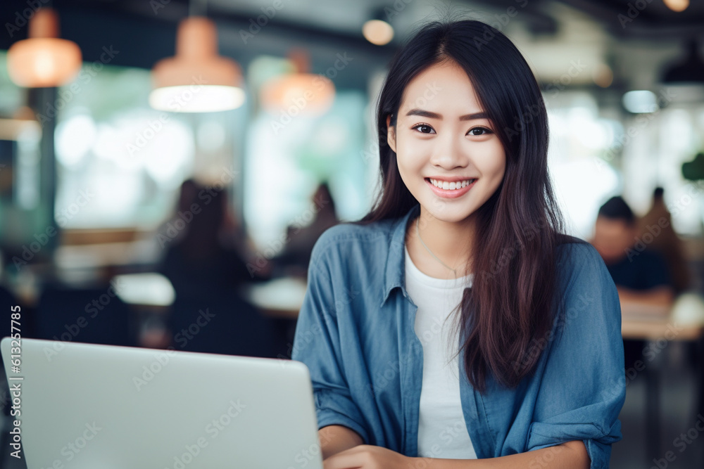 Asian woman using a laptop and smiling, asian woman working, close up depiction, digital photo, portrait, looking at camera, natural light, affinity, bright background Generative AI Asian woman using a laptop and smiling, asian woman working, close up depiction, digital photo, portrait, looking at camera, natural light, affinity, bright background Generative AI