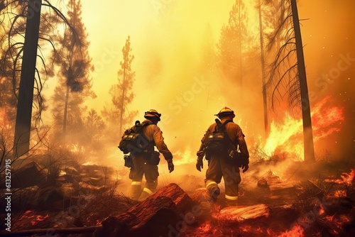 Firemen fighting a raging forest fire - AI Generated