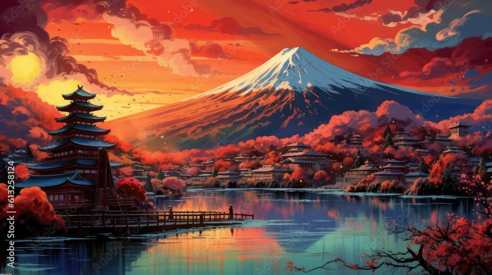 Mountain landscape at sunset, beautifully painted with a vibrant and colorful palette, capturing the magic of nature