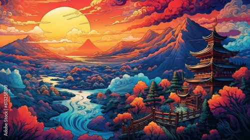Mountain landscape at sunset, beautifully painted with a vibrant and colorful palette, capturing the magic of nature
