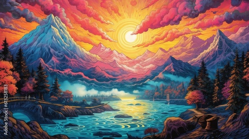 Mountain landscape at sunset, beautifully painted with a vibrant and colorful palette, capturing the magic of nature