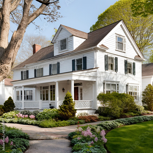 Colonial style white wooden cladding family house exterior. Beautiful front yard landscaping design with lawn and flower bed. Created with generative Ai