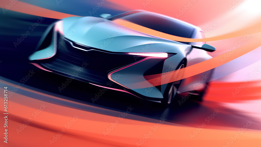 The sketch of a futuristic car, with a colorful abstract background. Generative AI
