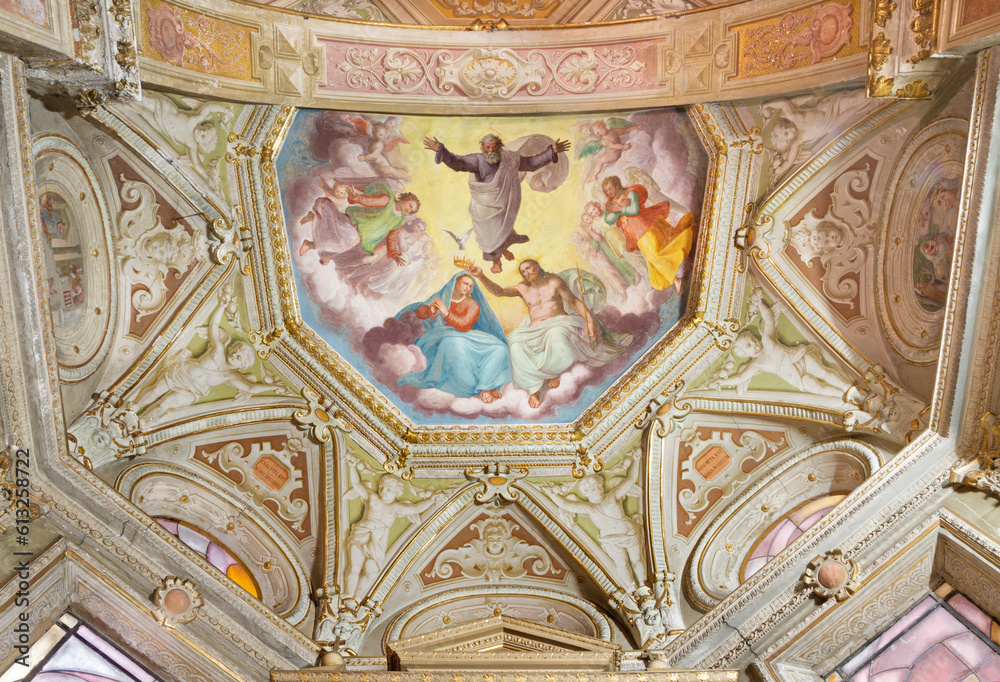 GENOVA, ITALY - MARCH 6, 2023: The fresco of Coronation of Virgin Mary in apse of church Chiesa di Santa Caterina by Andrea Semino (1526 - 1594).