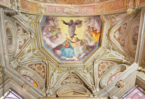 GENOVA  ITALY - MARCH 6  2023  The fresco of Coronation of Virgin Mary in apse of church Chiesa di Santa Caterina by Andrea Semino  1526 - 1594 .