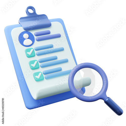 3d Functional testing checklist for job interview icon. CV resume document on clipboard, magnifying glass. Personal profile icon for worker HR search, human resources. Cartoon icon minimal. 3d render.
