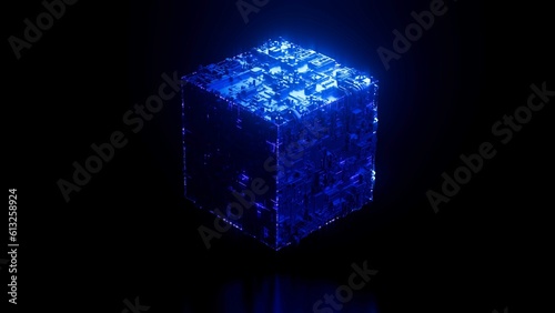 Blue Sci-fi cube on black background. Digital cube. 3d rendering. 