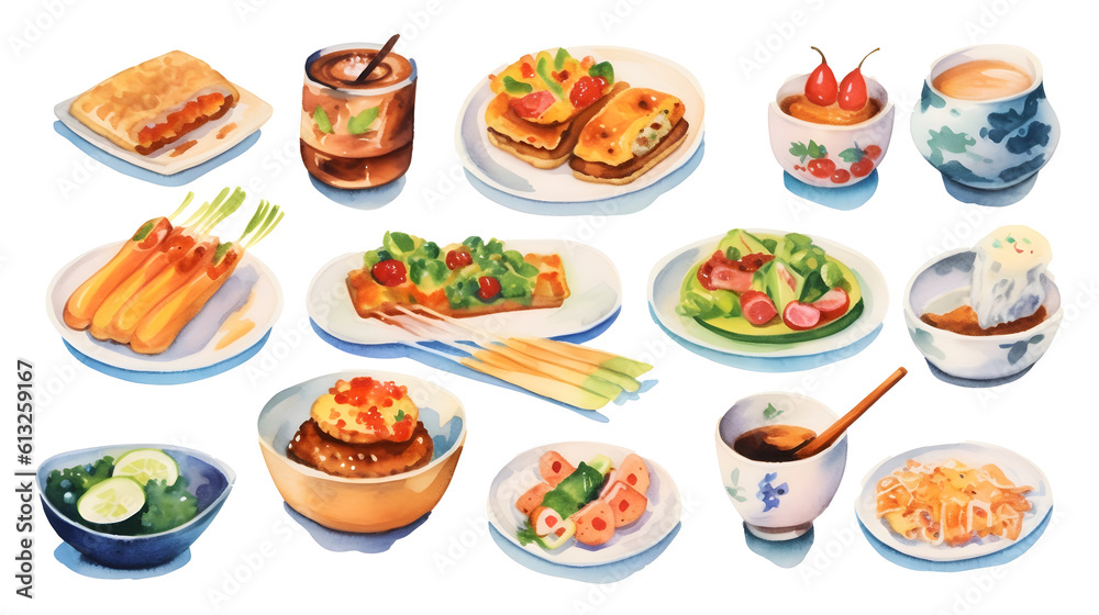 Watercolor food set illustration transparent background generative ai Watercolor food set illustration transparent background generative ai