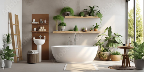 Minimalist interior design of modern bathroom with white bath tub and greenery. Created with generative AI