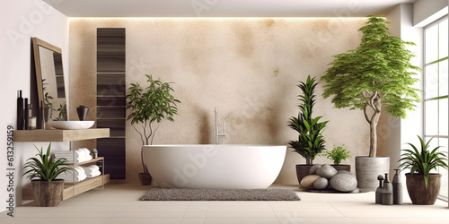 Minimalist interior design of modern bathroom with white bath tub and greenery. Created with generative AI