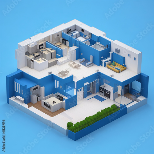 3D model of a house floor plan with a view of furnished rooms inside, ar 32, isometric angle, blue background, cartoon shadows, Generative AI.