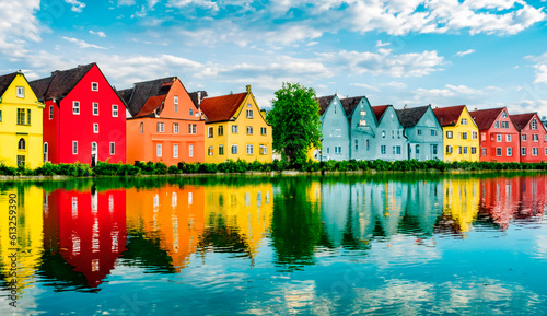 houses on the river, water reflection