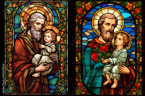 Saint Joseph St. Joseph with Jesus Christ, the Patron Saint of the Catholic Church. San Jose. Generative ai. Stained Glass photo
