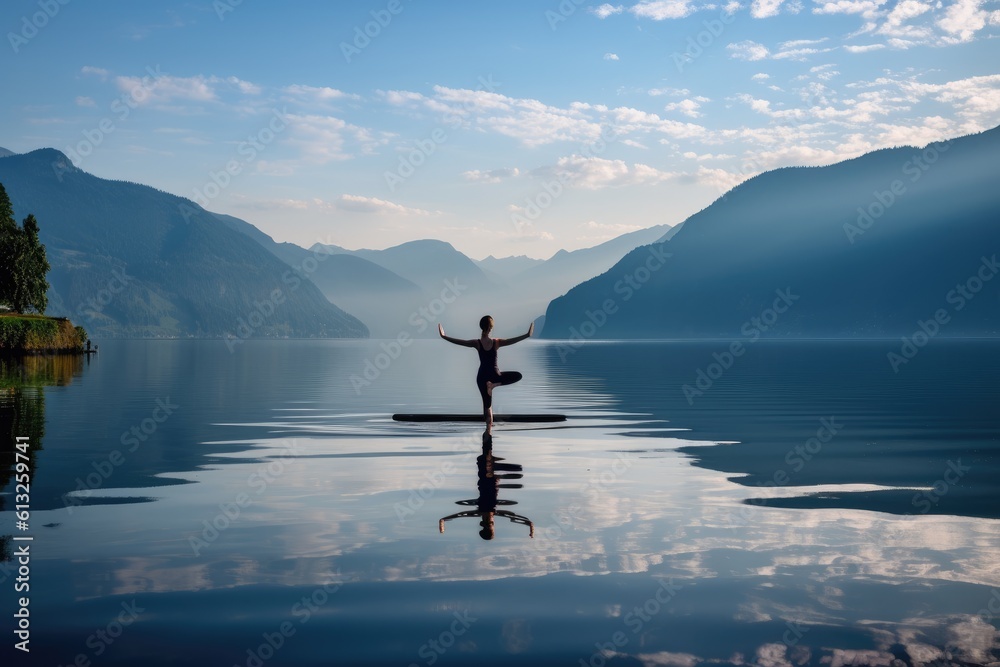 Woman in a yoga practice on water surface. Generative AI Woman in a yoga practice on water surface. Generative AI