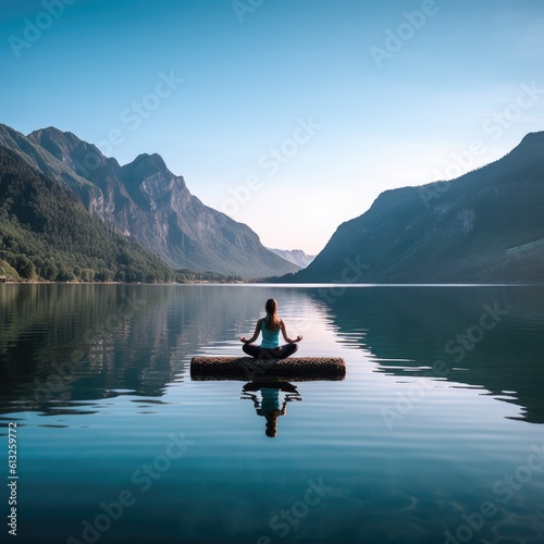 Woman in a yoga practice on water surface. Generative AI