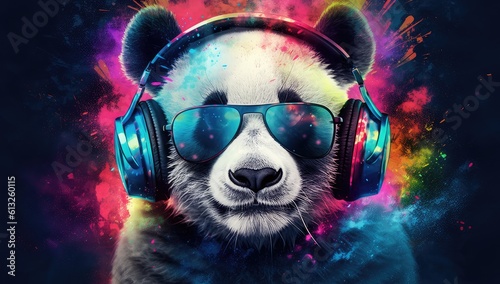 "An adorable panda bear wearing stylish headphones immersed in a world of vibrant and colorful hues. The playful combination of the panda, headphones, and vibrant colors.