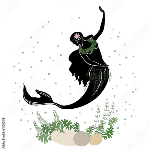 Mermaid silhouette. A beautiful girl lies on a stone in the water. Next to the leaves of the plant. Fantastic image of a fairy tale. vector illustration set.