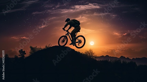 Fearless cyclist on a mountain bike flying through the air, defying gravity and embracing the thrill of ultimate freedom