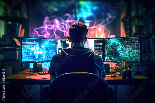 back photo of hacker in front of his computer, coding, cybercrime