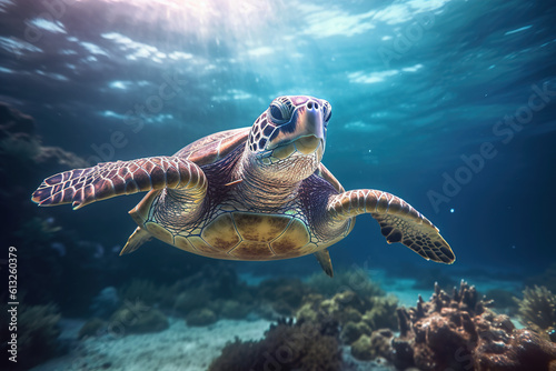 turtle swimming in the deep sea  underwater photography
