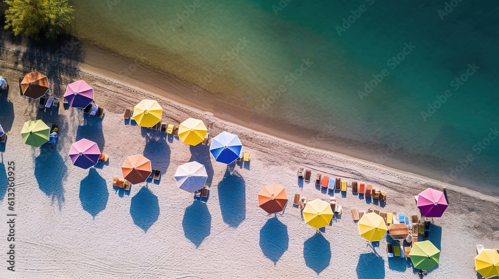 Aerial view of parasols on the lakefront beach at luxury resort. Generative ai Aerial view of parasols on the lakefront beach at luxury resort. Generative ai
